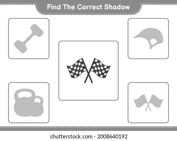 Encuentra la sombra correcta. Buscar y coincidir con la sombra correcta de las Banderas de carreras. Juego infantil educativo, hoja de cálculo imprimible, ilustración vectorial