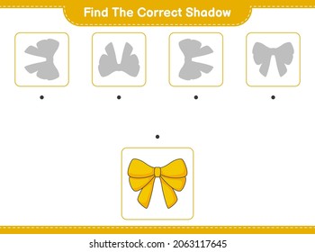 Finden Sie den richtigen Schatten. Finden Sie den richtigen Schatten von Ribbon und passen Sie ihn an. Kinderspiel, druckbares Arbeitsblatt, Vektorgrafik