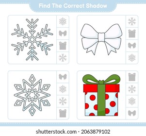 Find the correct shadow. Find and match the correct shadow of Ribbon, Snowflake, and Gift Box. Educational children game, printable worksheet, vector illustration