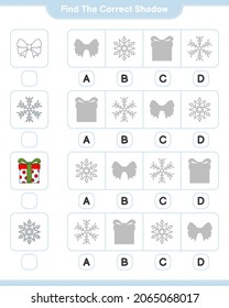 Encuentra la sombra correcta. Busque y coincida con la sombra correcta de Ribbon, Snowflake y Gift Box. Juego infantil educativo, hoja de cálculo imprimible, ilustración vectorial