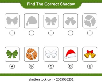 Find the correct shadow. Find and match the correct shadow of Ribbon, Santa Hat, Christmas Bell, and Cookies. Educational children game, printable worksheet, vector illustration