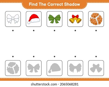 Find the correct shadow. Find and match the correct shadow of Ribbon, Santa Hat, Christmas Bell, and Cookies. Educational children game, printable worksheet, vector illustration