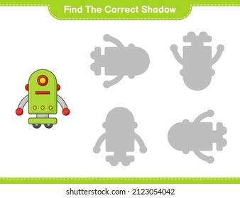 Encuentra la sombra correcta. Buscar y coincidir con la sombra correcta del carácter robot. Juego infantil educativo, hoja de cálculo imprimible, ilustración vectorial