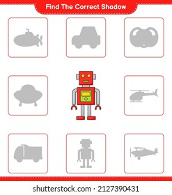 Find the correct shadow. Find and match the correct shadow of Robot Character. Educational children game, printable worksheet, vector illustration