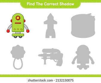 Find the correct shadow. Find and match the correct shadow of Robot Character. Educational children game, printable worksheet, vector illustration