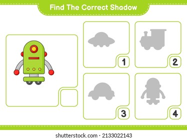 Find the correct shadow. Find and match the correct shadow of Robot Character. Educational children game, printable worksheet, vector illustration