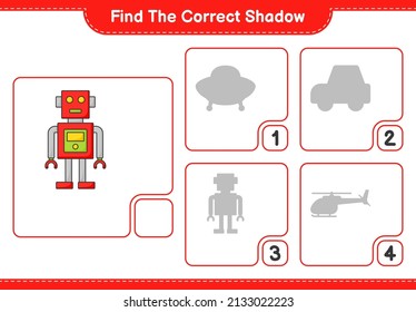 Find the correct shadow. Find and match the correct shadow of Robot Character. Educational children game, printable worksheet, vector illustration