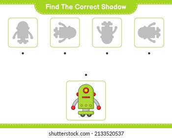 Find the correct shadow. Find and match the correct shadow of Robot Character. Educational children game, printable worksheet, vector illustration