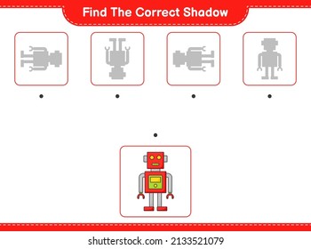 Find the correct shadow. Find and match the correct shadow of Robot Character. Educational children game, printable worksheet, vector illustration