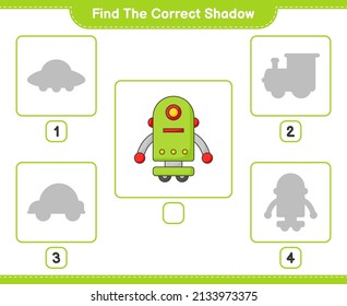 Find the correct shadow. Find and match the correct shadow of Robot Character. Educational children game, printable worksheet, vector illustration
