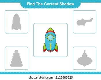 Find the correct shadow. Find and match the correct shadow of Rocket. Educational children game, printable worksheet, vector illustration