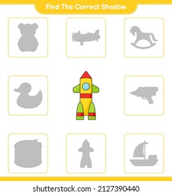 Find the correct shadow. Find and match the correct shadow of Rocket. Educational children game, printable worksheet, vector illustration