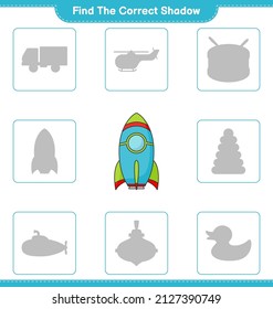 Find the correct shadow. Find and match the correct shadow of Rocket. Educational children game, printable worksheet, vector illustration