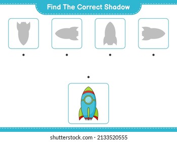 Find the correct shadow. Find and match the correct shadow of Rocket. Educational children game, printable worksheet, vector illustration