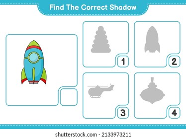 Find the correct shadow. Find and match the correct shadow of Rocket. Educational children game, printable worksheet, vector illustration