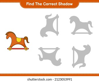 Encuentra la sombra correcta. Encuentra y coincide con la sombra correcta de Rocking Horse. Juego infantil educativo, hoja de cálculo imprimible, ilustración vectorial