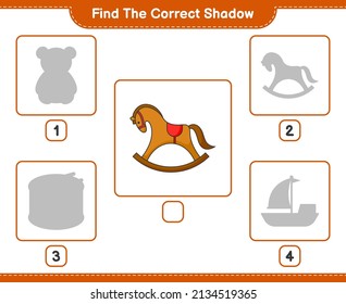 Find the correct shadow. Find and match the correct shadow of Rocking Horse. Educational children game, printable worksheet, vector illustration