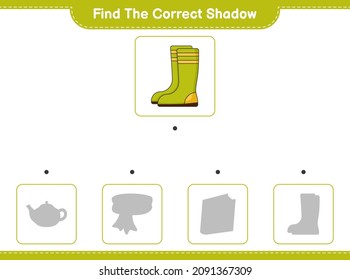 Find the correct shadow. Find and match the correct shadow of Rubber Boots. Educational children game, printable worksheet, vector illustration