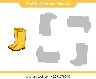 Find the correct shadow. Find and match the correct shadow of Rubber Boots. Educational children game, printable worksheet, vector illustration