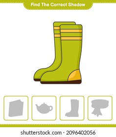 Find the correct shadow. Find and match the correct shadow of Rubber Boots. Educational children game, printable worksheet, vector illustration