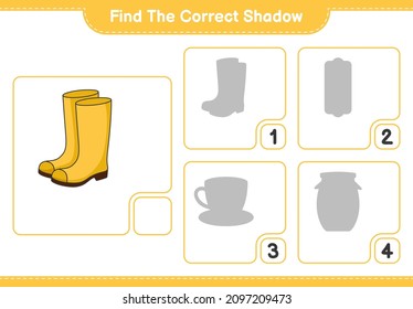 Encuentra la sombra correcta. Encuentra y coincide con la sombra correcta de los surcos de caucho. Juego infantil educativo, hoja de cálculo imprimible, ilustración vectorial