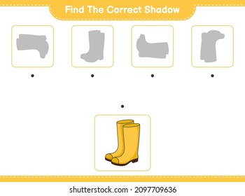Find the correct shadow. Find and match the correct shadow of Rubber Boots. Educational children game, printable worksheet, vector illustration