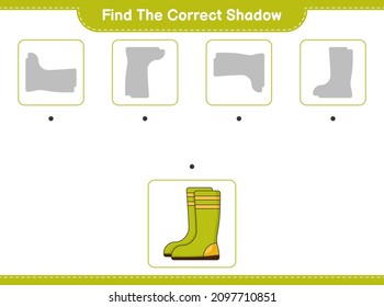 Find the correct shadow. Find and match the correct shadow of Rubber Boots. Educational children game, printable worksheet, vector illustration