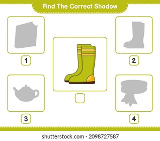Find the correct shadow. Find and match the correct shadow of Rubber Boots. Educational children game, printable worksheet, vector illustration