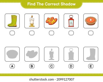 Find the correct shadow. Find and match the correct shadow of Rubber Boots, Candle, Slippers, Lantern, Pie. Educational children game, printable worksheet, vector illustration