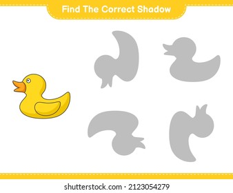Find the correct shadow. Find and match the correct shadow of Rubber Duck. Educational children game, printable worksheet, vector illustration