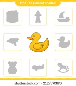 Find the correct shadow. Find and match the correct shadow of Rubber Duck. Educational children game, printable worksheet, vector illustration