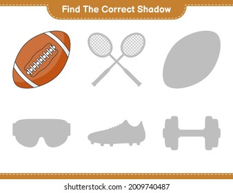 Find the correct shadow. Find and match the correct shadow of Rugby Ball. Educational children game, printable worksheet, vector illustration