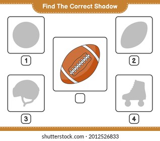 Encuentra la sombra correcta. Buscar y coincidir con la sombra correcta de Rugby Ball. Juego infantil educativo, hoja de cálculo imprimible, ilustración vectorial