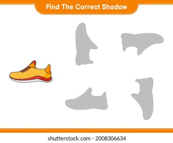 Find the correct shadow. Find and match the correct shadow of Running Shoes. Educational children game, printable worksheet, vector illustration