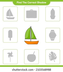 Find the correct shadow. Find and match the correct shadow of Sailboat. Educational children game, printable worksheet, vector illustration