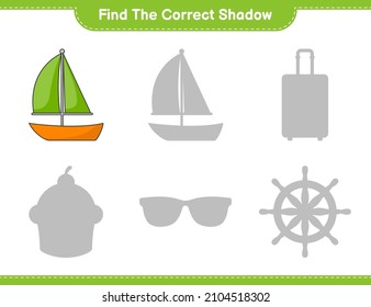 Find the correct shadow. Find and match the correct shadow of Sailboat. Educational children game, printable worksheet, vector illustration
