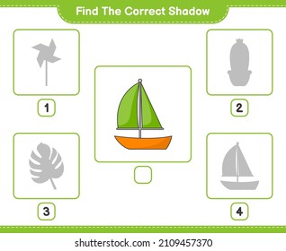 Find the correct shadow. Find and match the correct shadow of Sailboat. Educational children game, printable worksheet, vector illustration