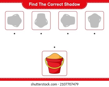 Encuentra la sombra correcta. Busque y coincida con la sombra correcta del cubo de arena. Juego infantil educativo, hoja de cálculo imprimible, ilustración vectorial