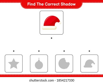 Find the correct shadow. Find and match the correct shadow of Santa Hat. Educational children game, printable worksheet, vector illustration