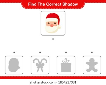 Find the correct shadow. Find and match the correct shadow of Santa Claus. Educational children game, printable worksheet, vector illustration