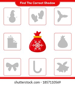 Find the correct shadow. Find and match the correct shadow of Santa Claus Bag. Educational children game, printable worksheet, vector illustration