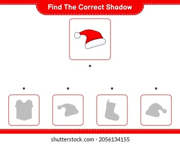 Find the correct shadow. Find and match the correct shadow of Santa Hat. Educational children game, printable worksheet, vector illustration