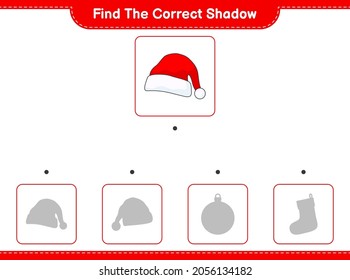 Find the correct shadow. Find and match the correct shadow of Santa Hat. Educational children game, printable worksheet, vector illustration