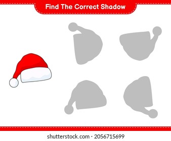 Find the correct shadow. Find and match the correct shadow of Santa Hat. Educational children game, printable worksheet, vector illustration
