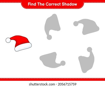 Find the correct shadow. Find and match the correct shadow of Santa Hat. Educational children game, printable worksheet, vector illustration