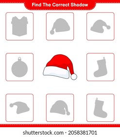 Find the correct shadow. Find and match the correct shadow of Santa Hat. Educational children game, printable worksheet, vector illustration