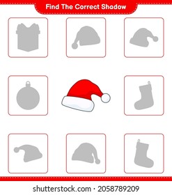 Find the correct shadow. Find and match the correct shadow of Santa Hat. Educational children game, printable worksheet, vector illustration