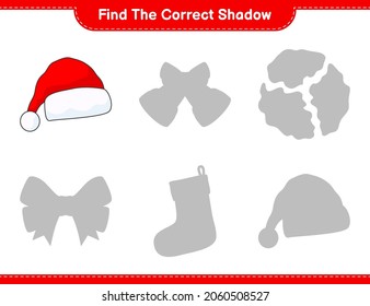 Find the correct shadow. Find and match the correct shadow of Santa Hat. Educational children game, printable worksheet, vector illustration