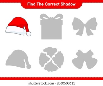Find the correct shadow. Find and match the correct shadow of Santa Hat. Educational children game, printable worksheet, vector illustration