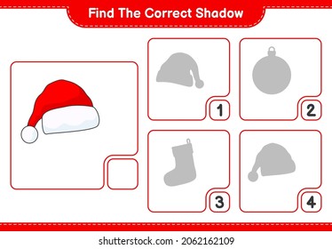 Find the correct shadow. Find and match the correct shadow of Santa Hat. Educational children game, printable worksheet, vector illustration
